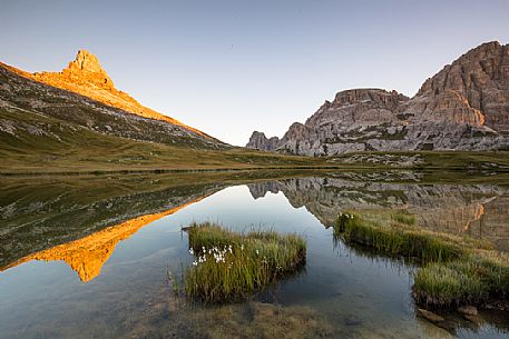 Sunrise at The Laghi dei Piani lake near Tre Cime di Lavaredo peak, Sexten Dolomites, Tre Cime natural park, Italy