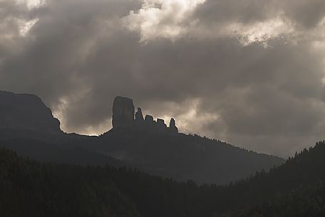Stormy sky over Cinque Torri peak in silhouettes, dolomites, Cortina d'Ampezzo, Veneto, Italy, Europe