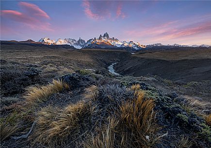 Steppe landscape with Mount Fitz Roy also called Cerro Chalten behind at sunrise, El Chaltn, Patagonia, Argentina