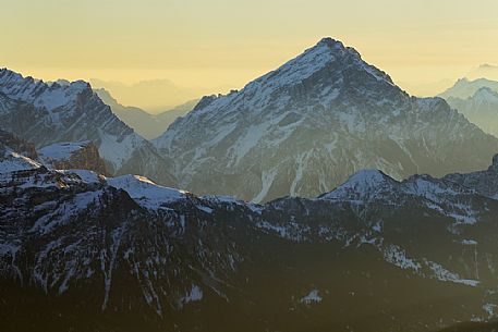 Antelao peak at dawn from Punta Rocca (3265 m), one of the peaks of the Marmolada, dolomites, Veneto, Italy, Europe
