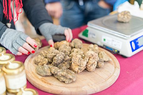 Truffle chopping board during the truffle exhibition in San Miniato village, Tuscany, Italy