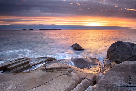 One of the most beautiful places in Sardinia: Punta Molentis at sunset with Serpentara Island in the background, Villasimius, Cagliari, Sardegna, Sardinia, Italy, Italia 