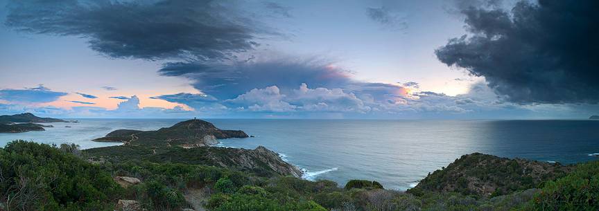 An overview which incorporates the three historic capes of the south-western Sardinia, from left to right Spartivento Cape, Malfatano Cape and Teulada Cape, Sulcis-Iglesiente, Sardinia, Italy