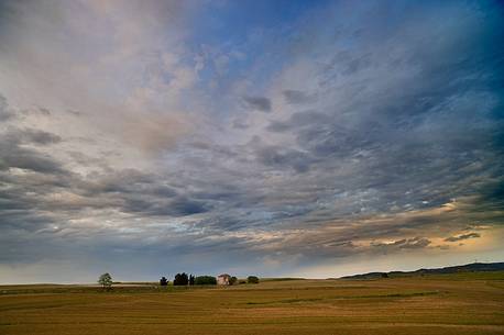 The countryside of Sardinia at sunset.