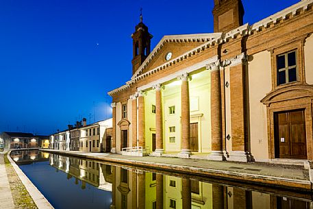 The ancient catholic hospital San Camillo now Delta Antico museum by night, Comacchio, Ferrara, Emilia Romagna, Italy