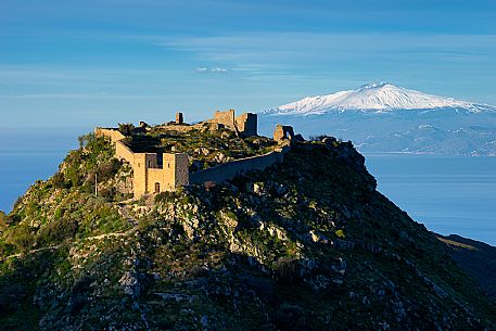 Castle of Sant'Aniceto, Sicily with Monti Peloritani and Mount Etna in background, Motta San Giovanni, Calbria, Italy