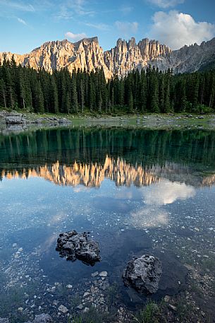 Carezza  lake and the Latemar peak at sunset, val d'Ega, dolomites, South Tyrol, Italy, Europe