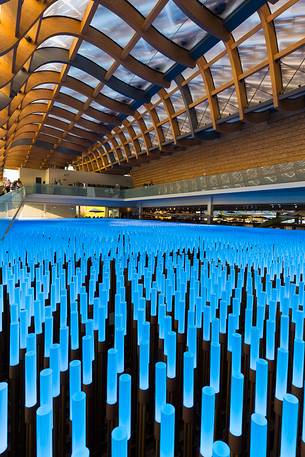 Milan Universal Exposition 2015, Expo Milano 2015, China Pavilion, architectural project of Tsinghua University and Beijing Qingshang Environmental & Architectural Design Institute. Artistic exibition representing corn field inside China Pavillion