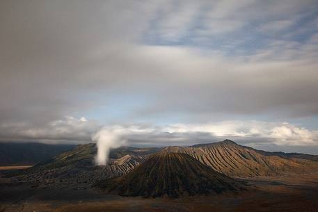 Starry night and smoking volcano, Bromo Tengger Semeru National Park, Isle of Java.