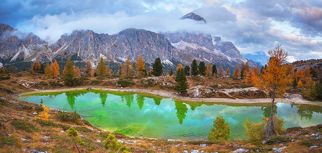 Autumn in lake Limides (or Limedes), and in the background Tofana mountains