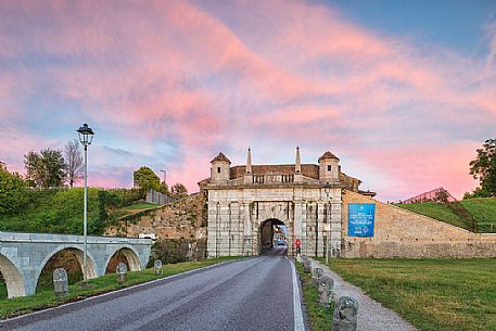 Porta Udine (gate) to the fortress town of Palmanova at sunset, Friuli Venezia Giulia, Italy