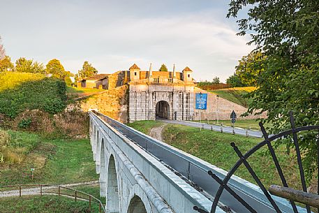 Porta Udine (gate) to the fortress town of Palmanova at sunset, Friuli Venezia Giulia, Italy