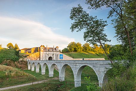 Porta Udine (gate) to the fortress town of Palmanova at sunset, Friuli Venezia Giulia, Italy