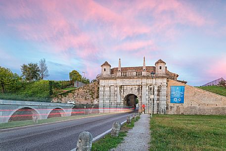 Porta Udine (gate) to the fortress town of Palmanova at sunset, Friuli Venezia Giulia, Italy