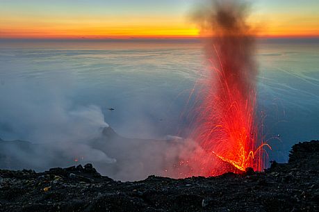 Volcano in eruption, summit craters activity, Stromboli, Sicily, Italy