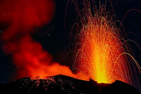 Night strombolian activity of volcano Stromboli, Aeolian islands, Sicily, Italy