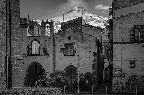 Randazzo village and in the background the snowy Etna mount, Sicily, Italy