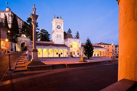 Loggia di San Giovanni, the Renaissance portico surmounted by a clock tower and the column of san Marco in Piazza della Libert, in the background the castle, Udine, Friuli Venezia Giulia, Italy, Europe 