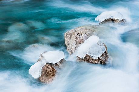 Ice formations in the Cordevole River, Cadore, dolomites, Italy, Europe