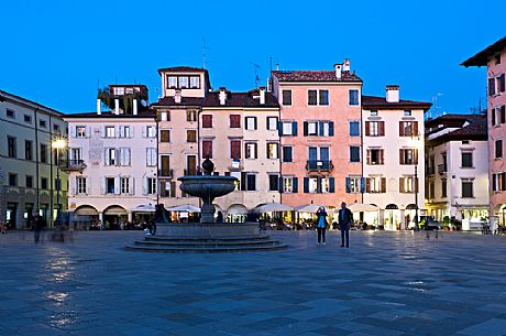 Piazza Matteotti in the historic center of the city of Udine with the fountain, Udine, Friuli Venezia Giulia, Italy, Europe