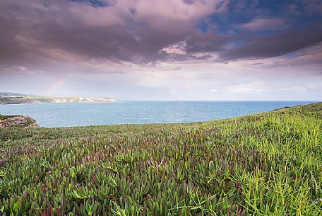 Between rays of sun, wind and rain, on the Atlantic Ocean at the Bajos de Arnia in Cantabria, the horizon was touched by a little rainbow, Spain, Europe