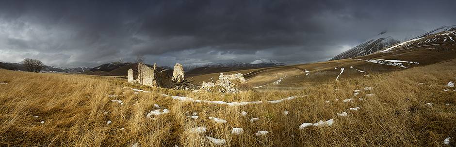 panorama of Castelluccio's ruins on winter time