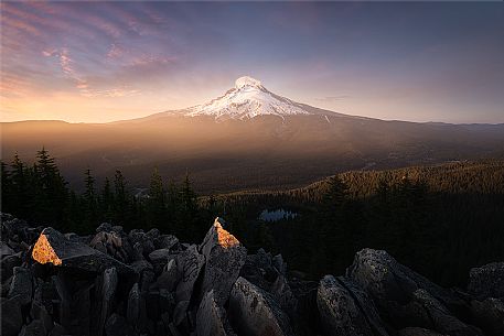 Mount Hood at sunset, near Government Camp, Mount Hood National Forest, Oregon, USA