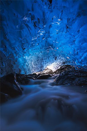 River inside icecave near Jokulsarlon lagoon, Vatnajkull glacier, Iceland, Europe 