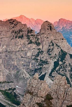 Laste-Preti mountain group from Forcella Brica at sunrise