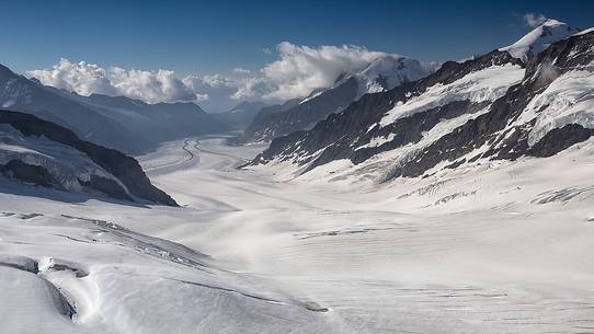 Aletsch glacier, the largest in Europe, from Jungfraujoch, the highest railway station in the Alps, Bernese Oberland, Switzerland, Europe