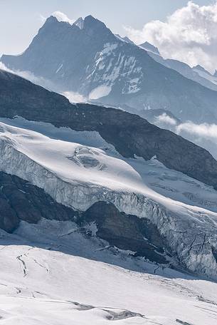 The peaks around the Aletsch glacier, the largest in Europe, from Jungfraujoch, the highest railway station in the Alps, Bernese Oberland, Switzerland, Europe