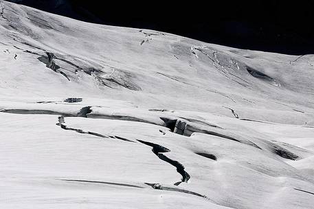 Detail from above of Aletsch glacier, the largest in Europe, from Jungfraujoch, the highest railway station in the Alps, Bernese Oberland, Switzerland, Europe