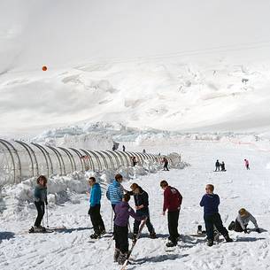 Skiers on Aletsch glacier, the largest in Europe, starting from Jungfraujoch, the highest railway station in the Alps, Bernese alps, Switzerland, Europe