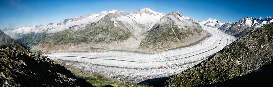 Panoramic view from Eggishorn mountain towards Aletsch glacier and Jungfrau mountain, Valais, Switzerland, Europe