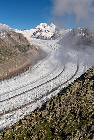 Panoramic view from Eggishorn mountain towards Aletsch glacier and Jungfrau mountain, Valais, Switzerland, Europe