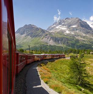 Benina express, UNESCO World Heritage, near Bernina pass, Rhetic railways, Engadin, Canton of Grisons, Switzerland, Europe