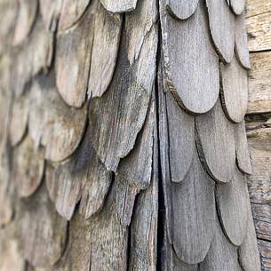 Detail of traditional wooden building in Vals village, Grisons, Switzerland, Europe