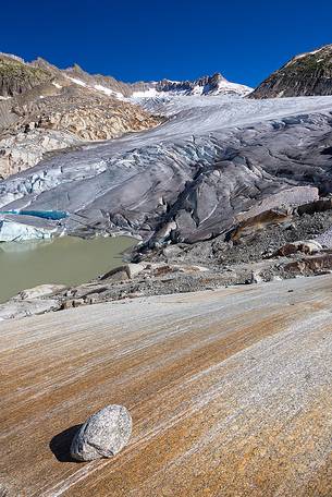 Rhone glacier and melting lake, Furka pass, Valais, Switzerland, Europe