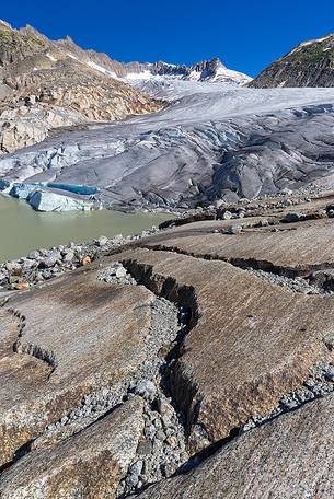 Rhone glacier and melting lake, Furka pass, Valais, Switzerland, Europe