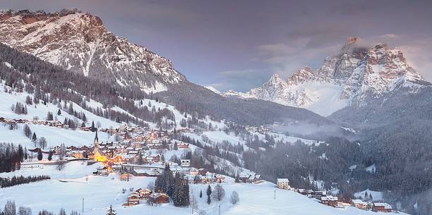 Selva di Cadore at sunset, in the background Pelmo mountain