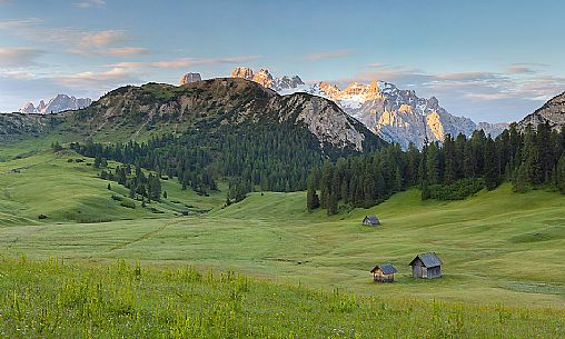 Sunrise form Prato Piazza Plateau against Monte Cristallo Mountain, Dolomites, South Tyrol, Italy 