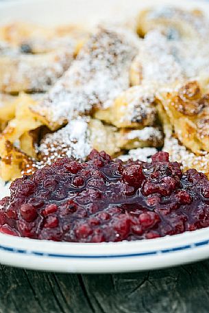 Kaiserschmarren, typical omelet with cranberries, South Tyrol, Dolomites, Italy