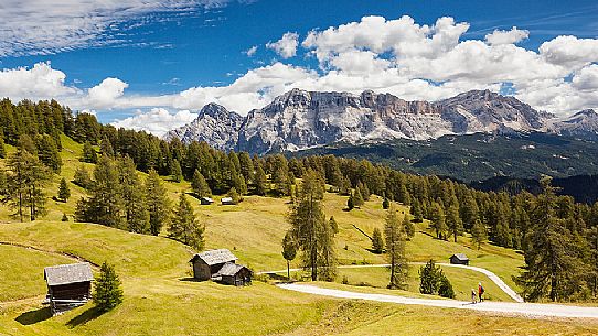 Hiking along the path and meadows of Utia Vaciara, Badia Valley, South Tyrol, Dolomites, Italy 