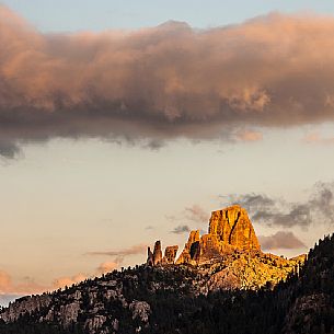 Sunset on Cinque Torri peak from Valparola Pass, Dolomites, Italy