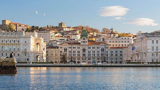 Piazza Unit d'Italia and the Molo Audace, view from the sea of Trieste, Italy