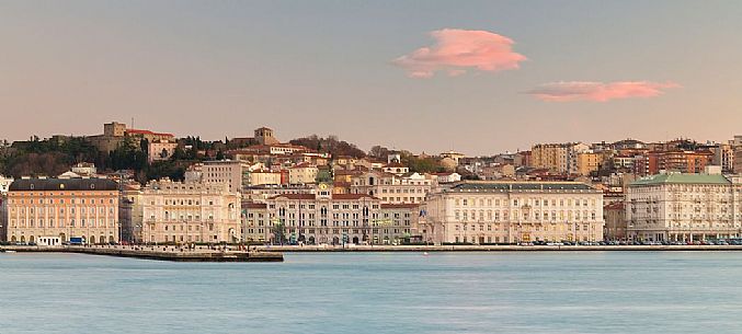 Piazza Unit d'Italia and the Molo Audace, view from the sea of Trieste, Italy