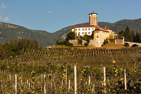 Castel Valer castle and apple trees, Val di Non, Trentino, Italy