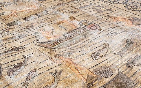 Detail of ancient floor Mosaic in the Basilica of Aquileia, Italy