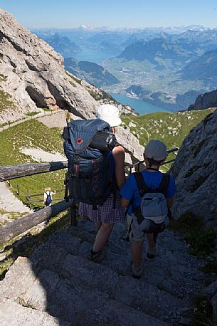 Hiking on the Pilatus mountainn area, in the background the Lucerne lake,  Border Area between the Cantons of Lucerne, Nidwalden and Obwalden, Switzerland, Europe