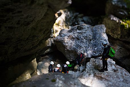 Canyoning in the Cosa river near Pradis Caves, Clauzetto, Alps Carniche, Friuli Venezia Giulia, Italy, Europe